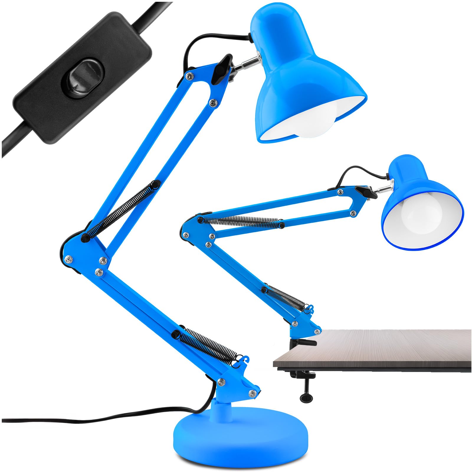Lumiled Schreibtischlampe klassisch Leselampe Blau Tischleuchte Tischlampe Verstellbarer Arm Arbeitsleuchte Nachttischlampe mit E27 Fassung Retro aus Metall Kinderzimmer Arbeitszimmer mit Klemme