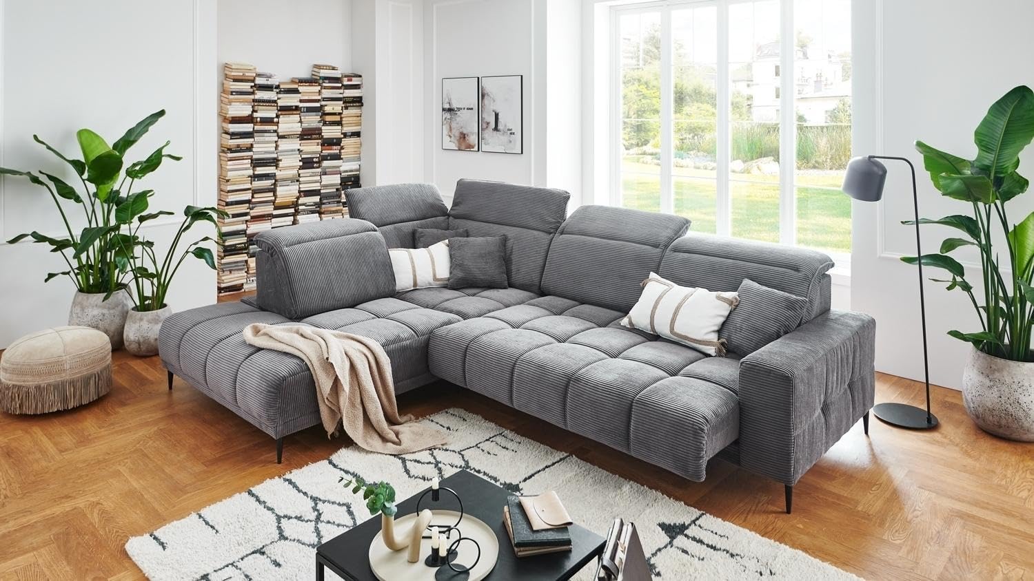 Ecksofa - 317 x 234 cm - Dunkelgrau - Cord - elektr. Sitztiefenverstellung