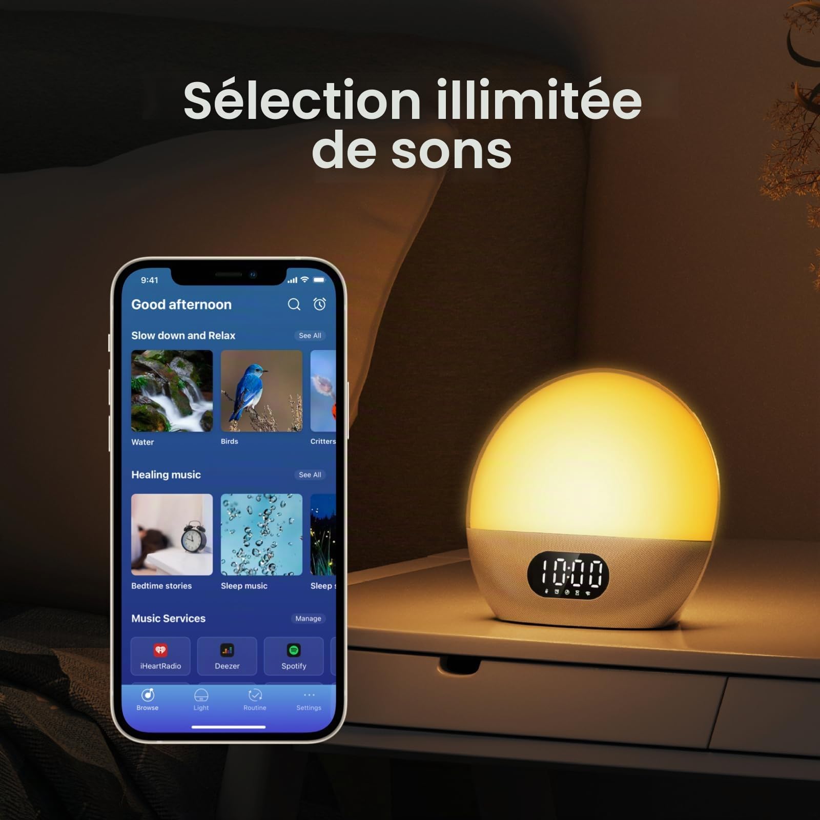 WiiM Lampe d'éveil, Alexa intégrée, Choix de Sons illimités, réveil Matin Tout-en-Un, Machine à Sons, routines de Sommeil et Plus (Argent Poli)