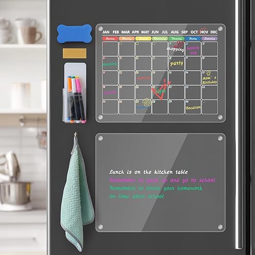 OWill Calendario acrílico para refrigerador, paquete de 2 tablas magnéticas de planificación de borrado en seco para refrigerador, incluye 6