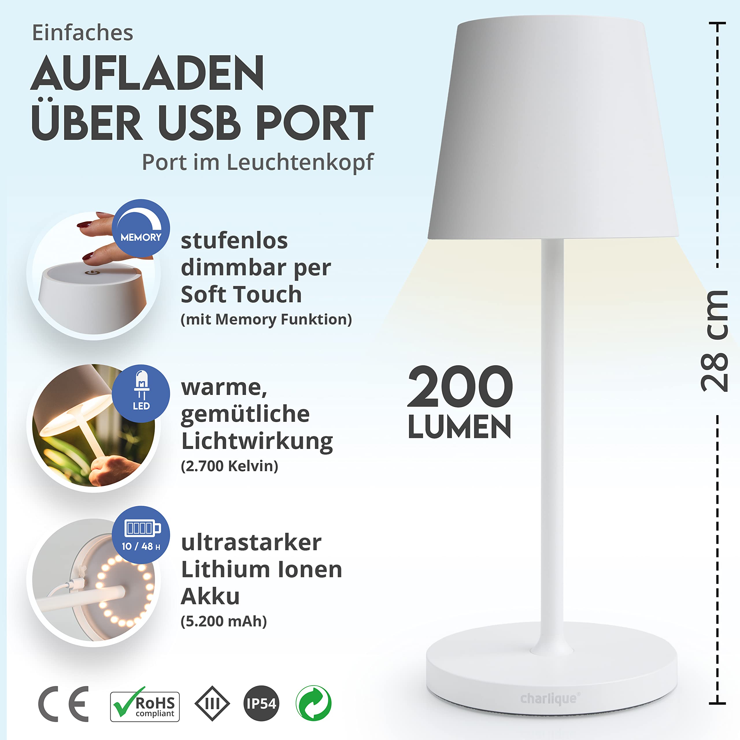 LED Akku Tischleuchte 2er Set weiß 28 cm dimmbar Alu kabellos