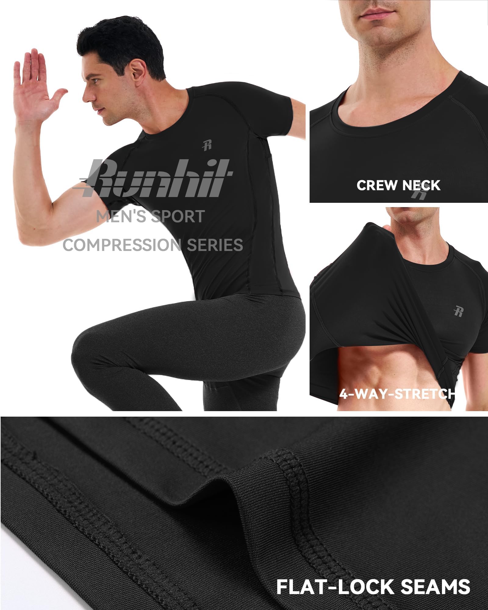 Runhit Paquete de 2 camisetas de compresión para hombre, manga corta, fresca, para entrenamiento, atletismo, capa base, camiseta interior