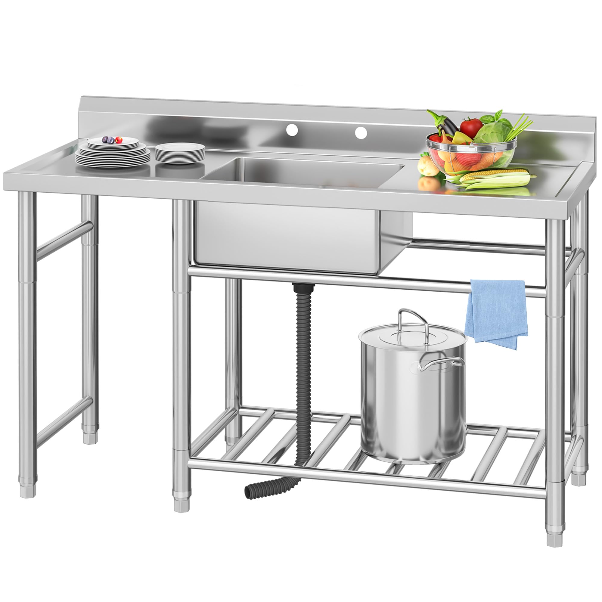 YITAHOME Stainless Steel Freestanding Utility Sink with 2 Drainboards - Single Bowl NSF Commercial Large Prep Sink with Storage Shelf for Restaurant, Laundry, Garage,Outdoor Use 60in