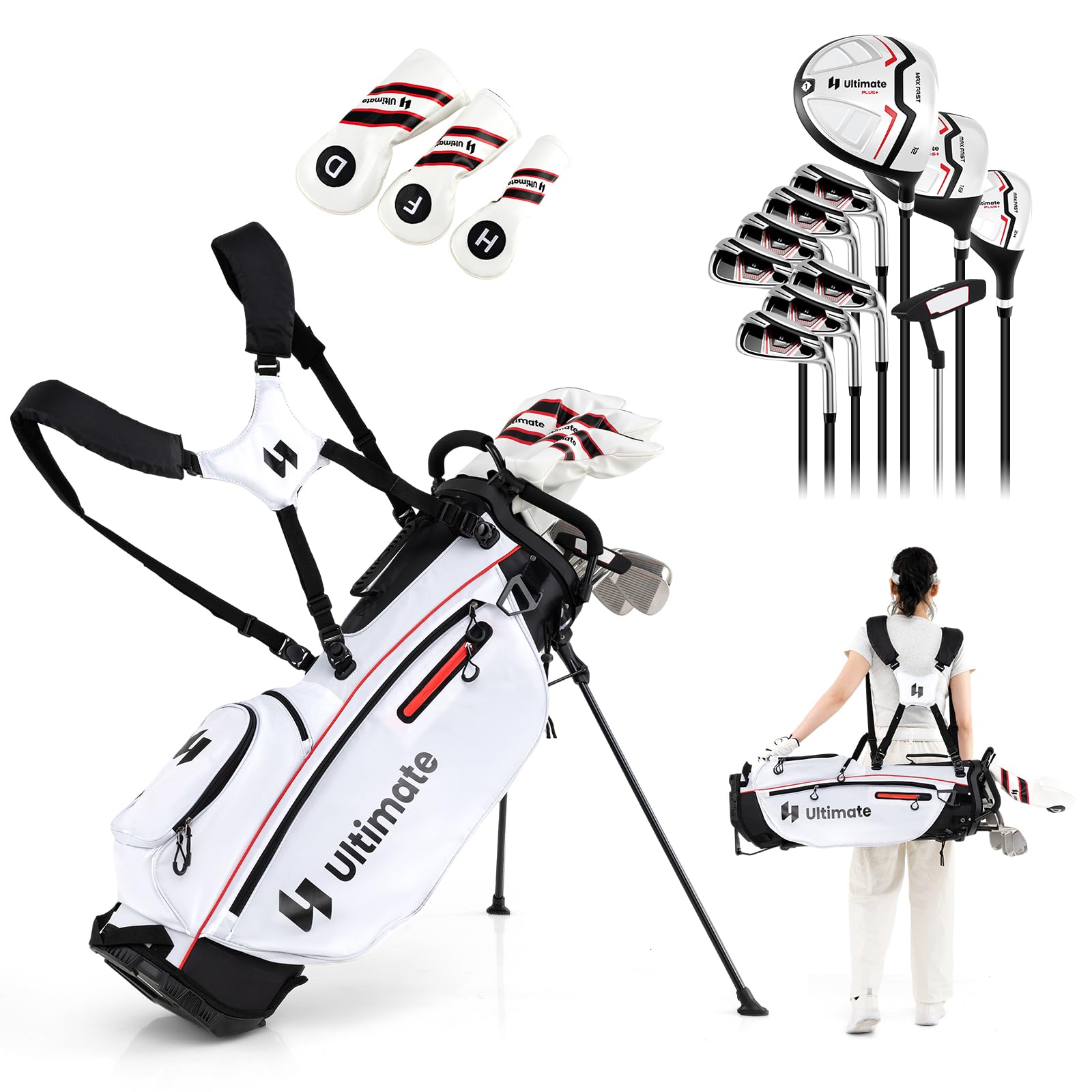 ULTIMATE Women's Complete Golf Clubs Set w/Stand Bag, 460CC #1 Driver, #3 Fairway, Hybrid, #5#6#7#8#9#P #S Irons, Putter & Headcovers, Womens Golf Clubs Full Set - Right Handed (White)