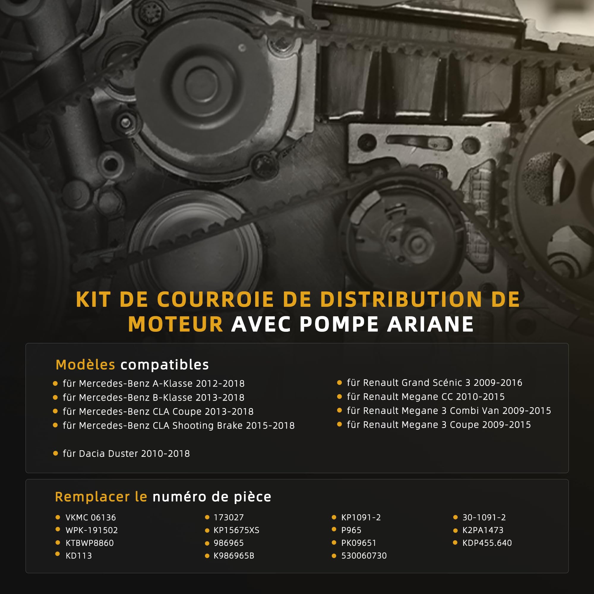 VKMC 06136 Pompe à eau et kit de courroie de distribution - Convient pour Dacia Duster, pour Mercedes-Benz A B Klasse CLA pour Renault Grand Scénic Megane 3# KP15675XS, WPK-191502