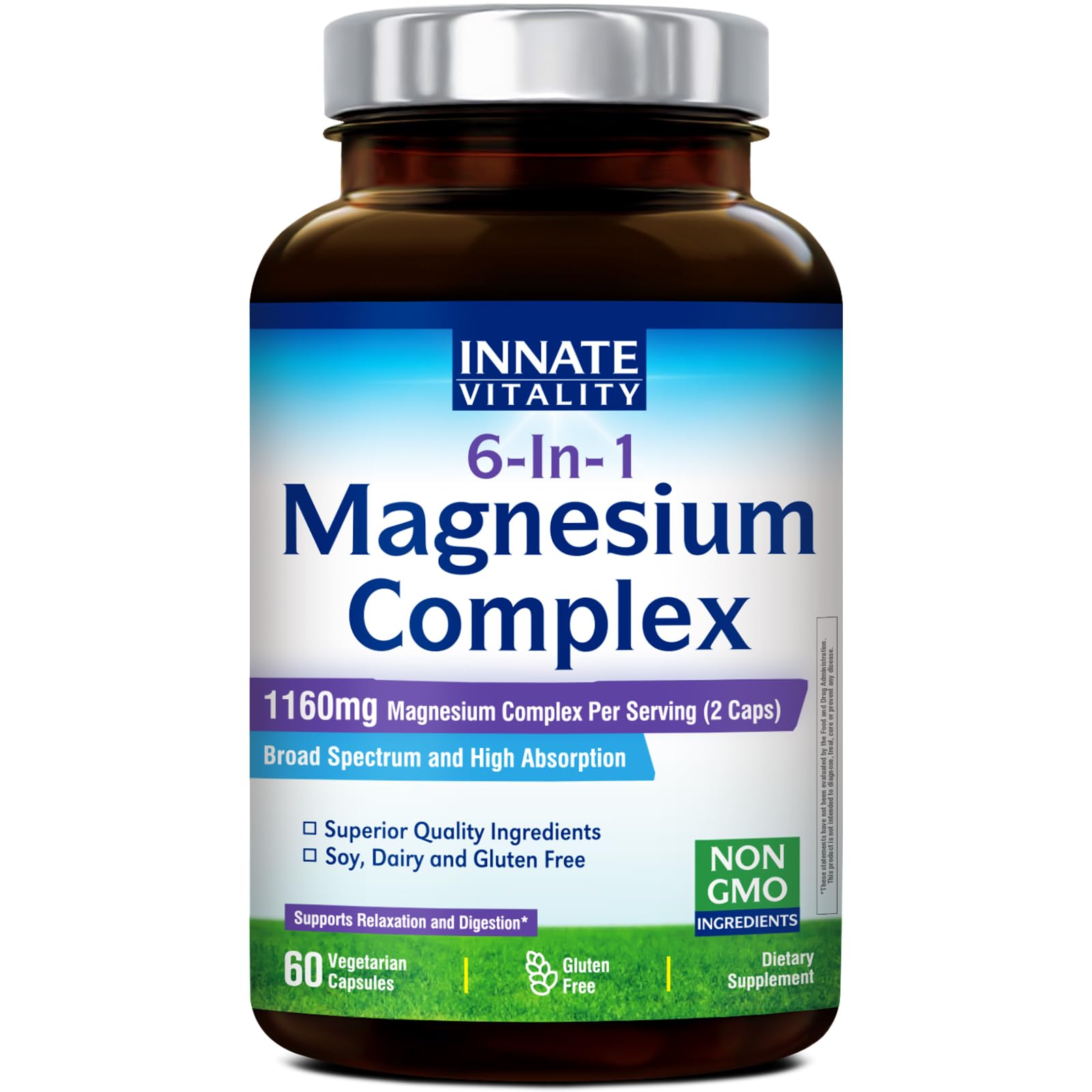 Innate Vitality Magnesium Complex 6-in-1, 1160mg Per Serving, Rest & Digestion, Magnesium Glycinate & Citrate, High Absorption, 60 Vegan Capsules 60 Count (Pack of 1)