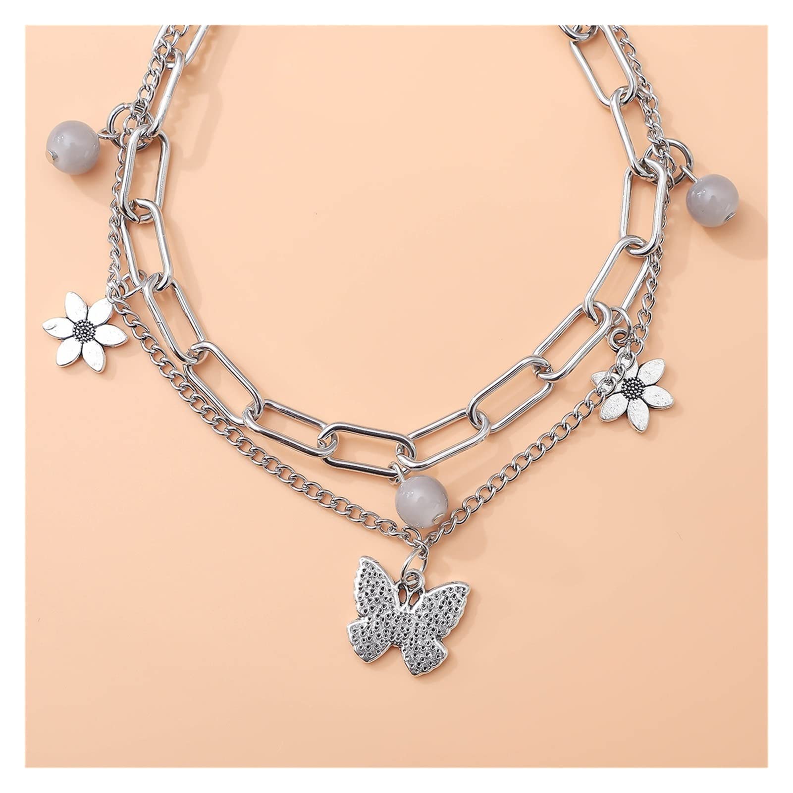 Fußkettchen mit Schmetterlings-Motiv, mehrschichtige Kette, Fußkettchen mit Blumen-Kristall, verstellbare Fußkettchen für Damen