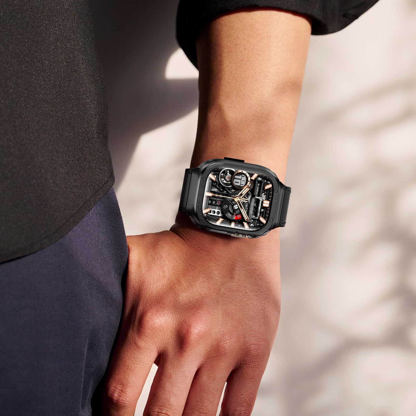 SUPLINK Metallgehäuse mit Leder Armband Kompatibel mit Apple Watch Armbänd 38/40/41/42/44/45/49mm, Robuste Edelstahl Schutzhülle Bumper Echtes Lederarmband für iWatch Ultra Series 9/8/7/6/5/4/3/2/1/SE