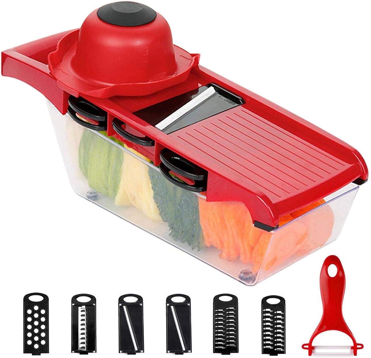 6 in 1 Mandoline Slicer, Multi-Function Fruit and Veg Cutter, Interchangeable Stainless Steel Blade with Food Container, Peeler, Hand Protector, Julienne Slice for Potato Tomato Onion Vegetable