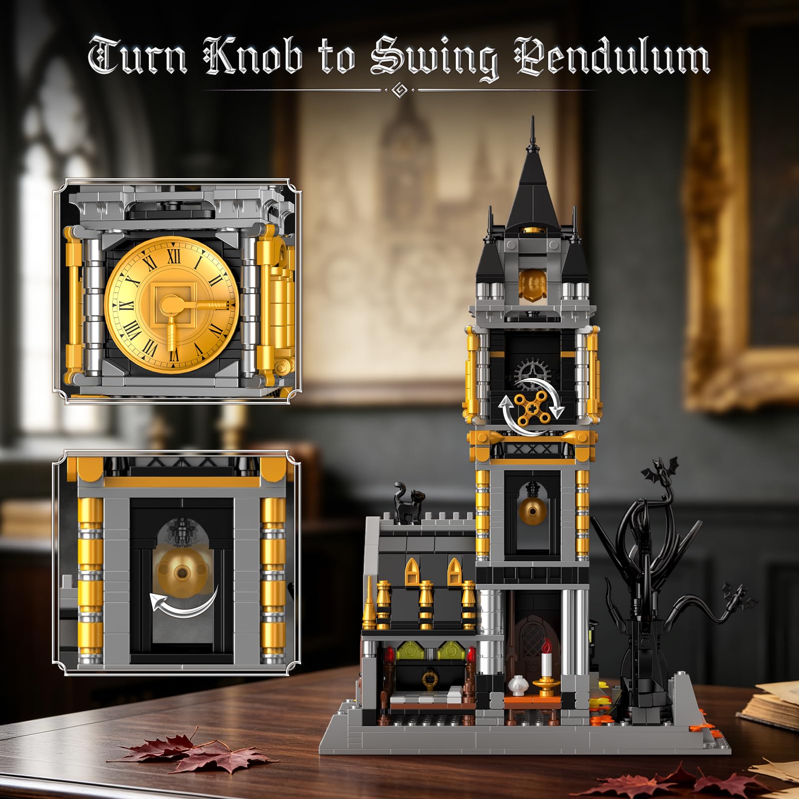 Vziimo Magic Clock Tower Bausteine, Gothic Haus Klemmbausteine Deko Modell mit Katze & Tiere, Schloss MOC Creator Geschenk für Erwachsene ab 15 Jahren (1232 Teile)