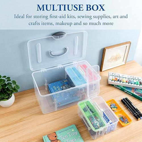 Miniatura 4 de MyGift Cubo de almacenamiento apilable transparente de 15 pulgadas, organizador de artes y manualidades, soporte de suministros de costura con 2