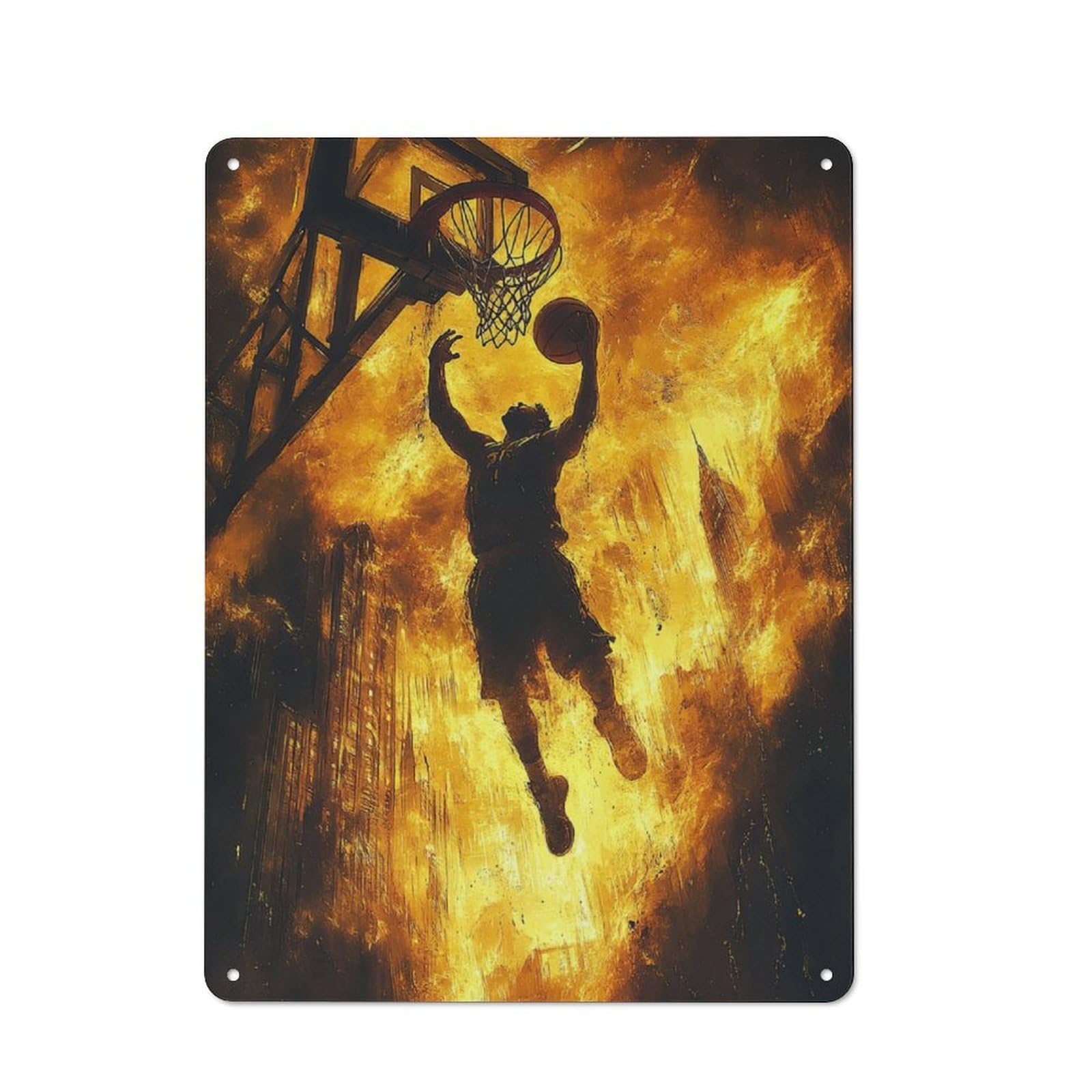 Junmoney Basketball Silhouette In Flames Retro Metal Wall Sign 40X30cm With For Living Room Wall, Housewarming Wall Decor For People Furnishing Living Room