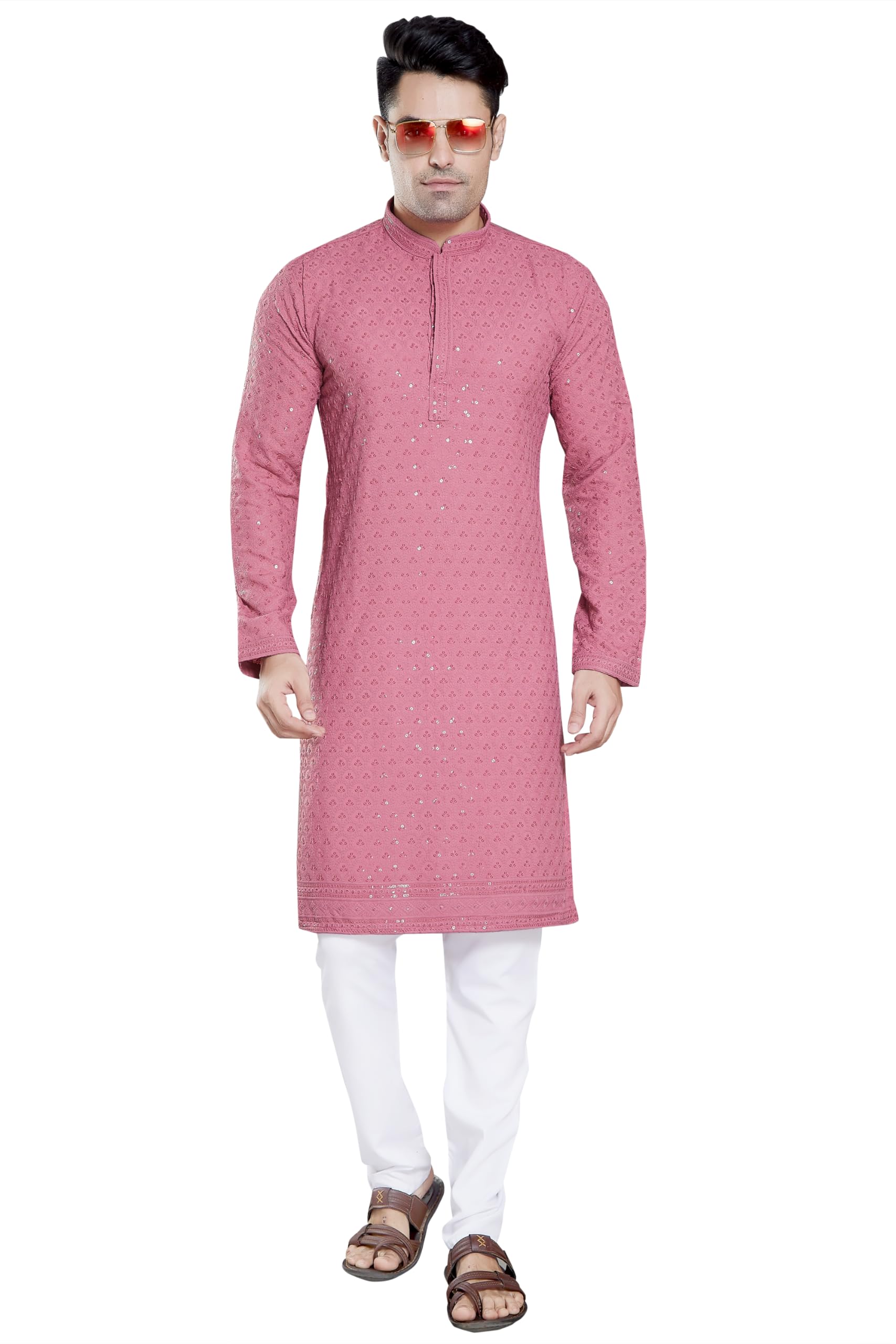Divisive Men's Sequince Embroidered Cotton Blend Only Slim Fit Kurta (Dkrt103_S_Pink)