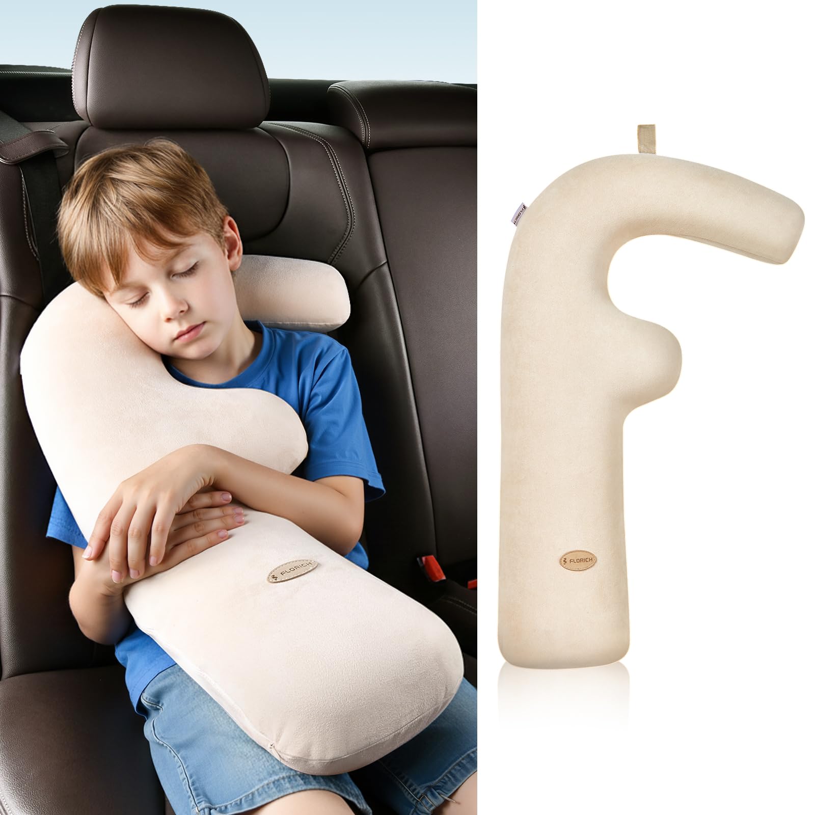 FLORICH Memory Foam Kids Travel Pillow, Car Sleeping Pillow, F-Shape Car Pillows for Adults and Children, Traveling Car Pillow for Kids with Removable Pillowcase (Beige)