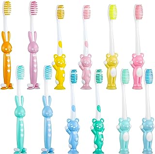 Patelai 12 Pcs Kids Toothbrush for Age 2 and Above Children Manual Toothbrush Set Soft Contoured Bristles Boys and Girls Cute Colorful Toothbrush with Suction Cup for Storage