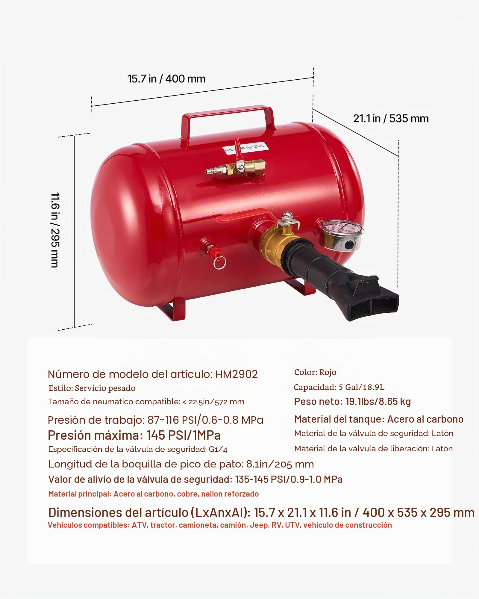 VEVOR Destalonador de Neumáticos 18,9 L, Presión de Trabajo 0,6-0,8 MPa, Bomba de Aire a Camionetas, Vehículos Todoterreno, Jeeps, Tractores Cortacésped, Autocaravanas, Rojo, 400 x 535 x 295 mm