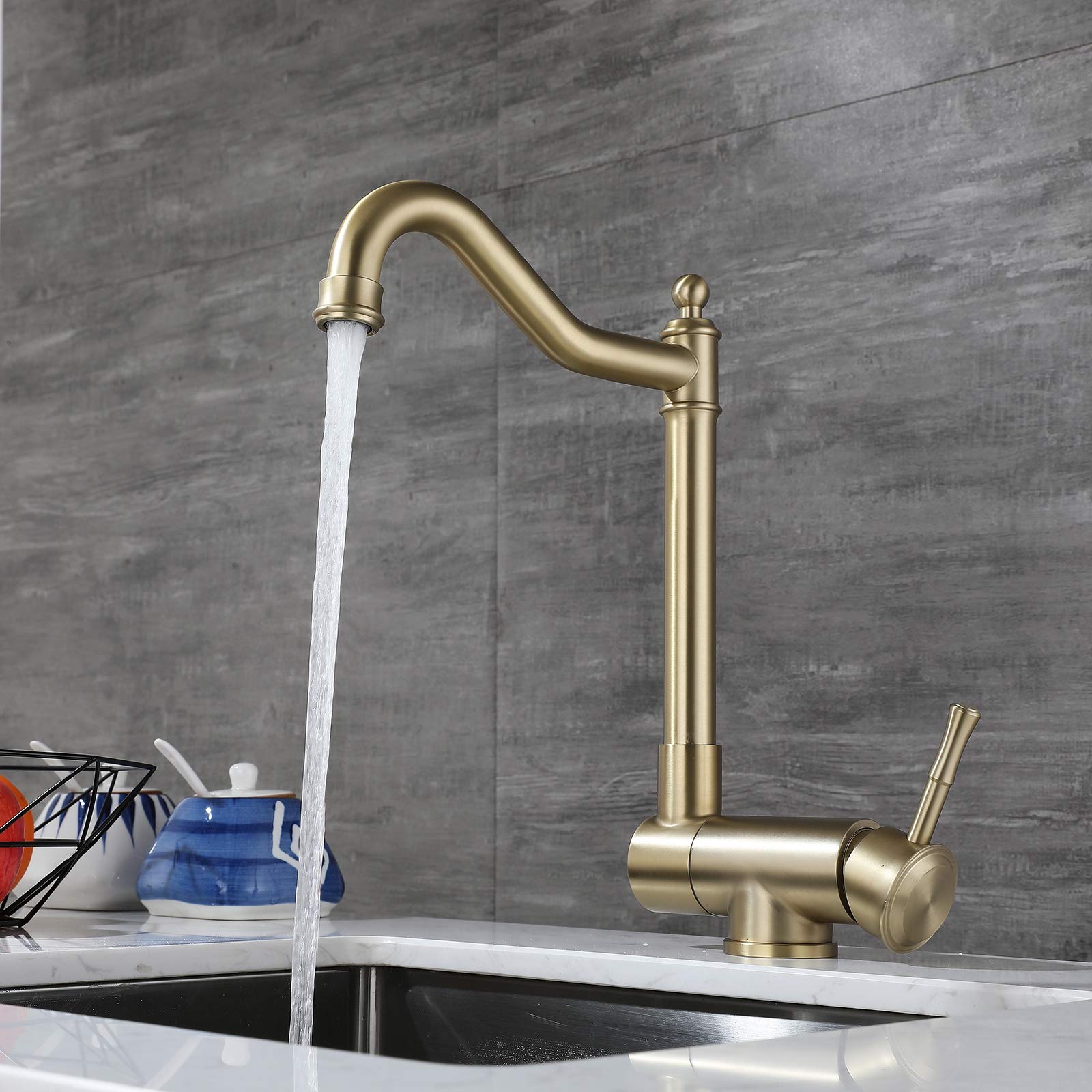 Grifo Cocina Abatible Acero Inoxidable 304 Oro Cepillado Agua Fría Caliente Giratorio