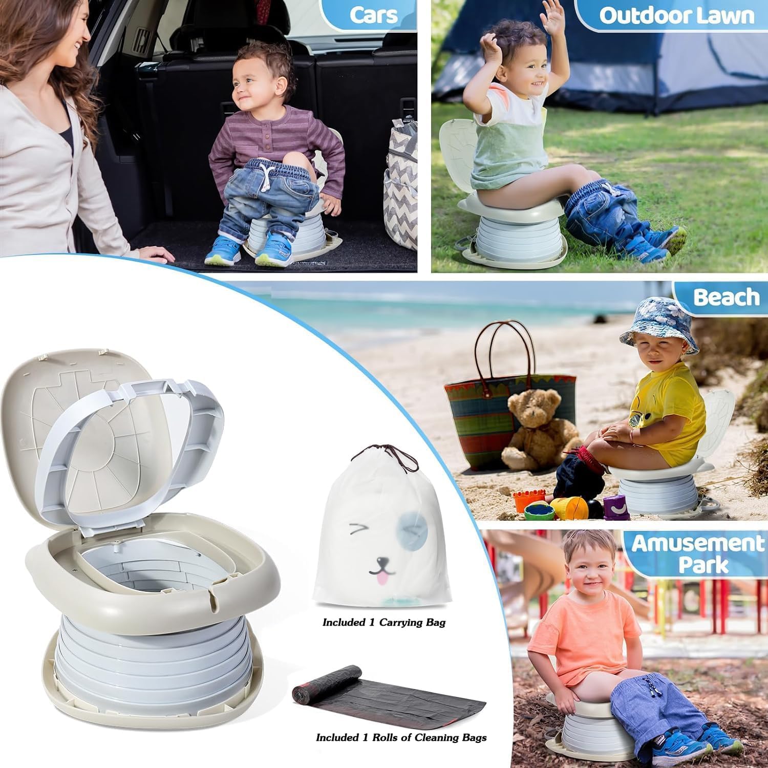 auvstar Vasino Portatile per Bambini da Viaggio,Sedile per Vasetto per Bambini,WC Pieghevole per Bambini,Vaso pieghevole da viaggio Toilette Bambini Per Indoor Outdoor con Borsa da Viaggio(Grigio)