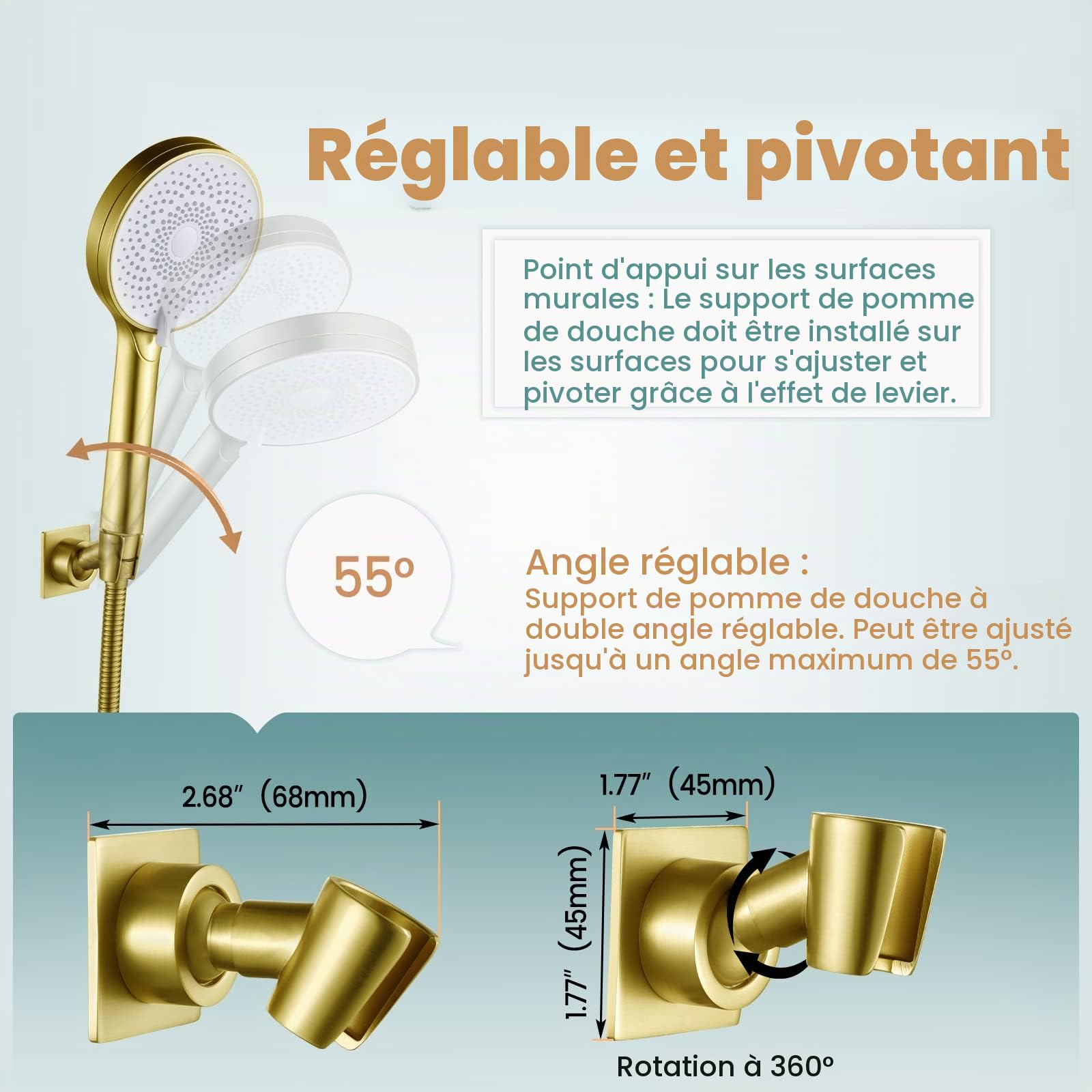 Support de pommeau de douche réglable - Laiton brossé/finition dorée - Installation sans perçage