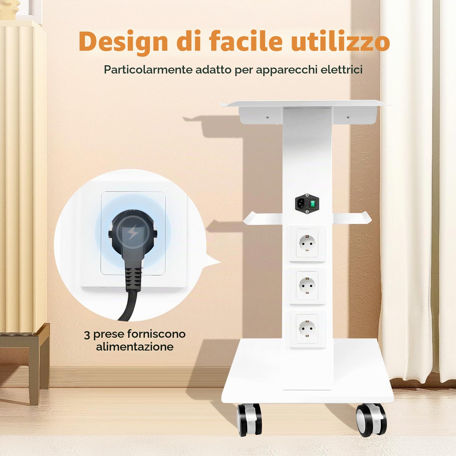 Beauty Salon, carrello a rotelle a 3 livelli, dentista, trolley con prese, carrello medico SPA, carrello per salone di bellezza, ripiano con ruota del freno