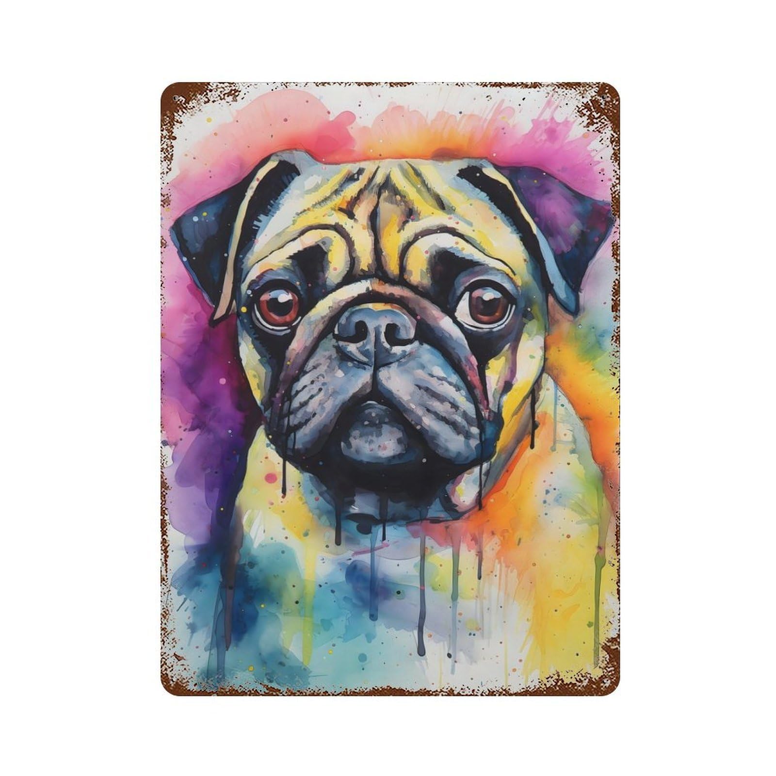 Pug Dog Watercolor Vintage Metal Tin Sign 15.7"x11.8", Old School Wall Decor for Living Room, Hallway And Home Decor