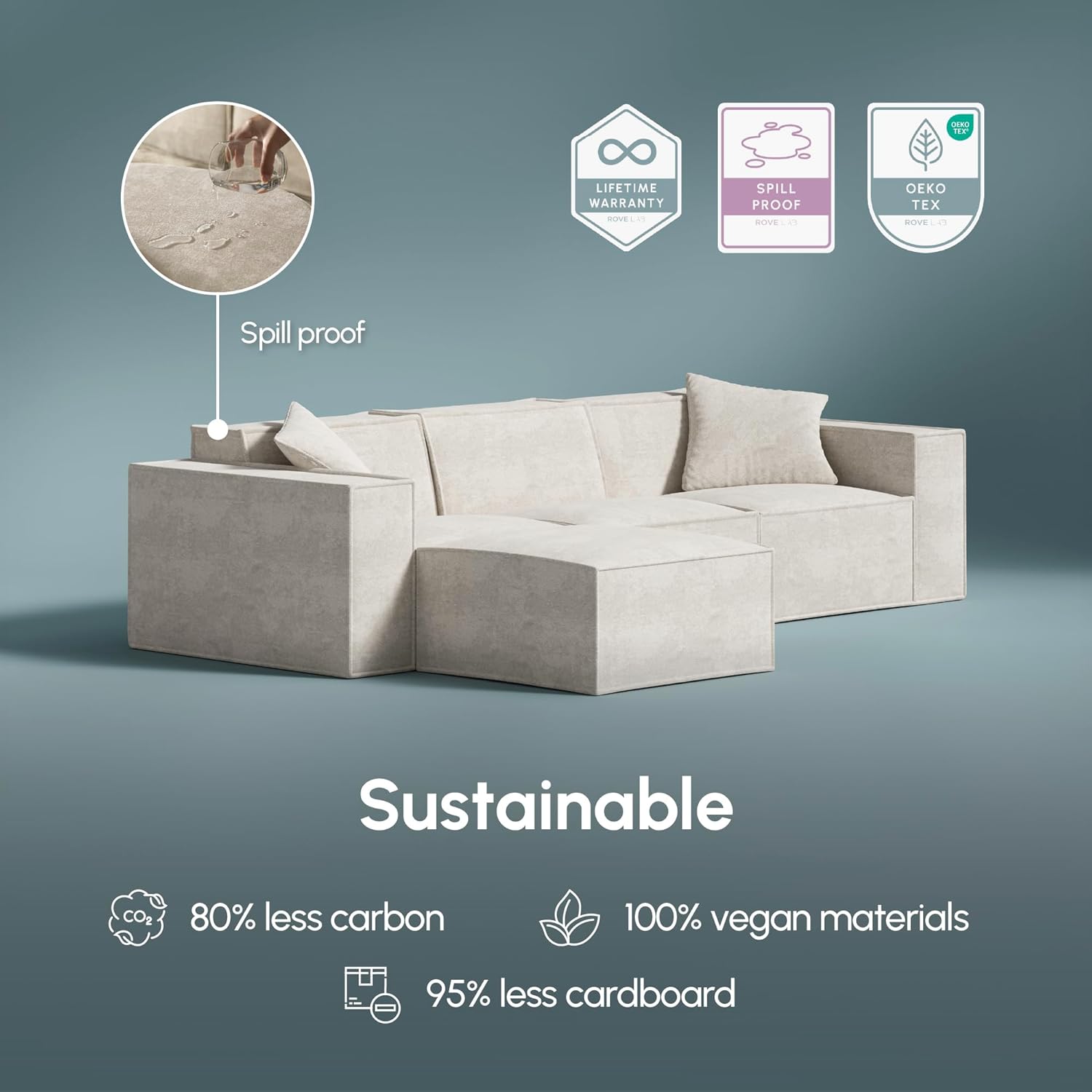 Rove Lab M1 Sectional Sofa with Ottoman – Sustainable, 3-Seat Modular Couch for Living Room – Easy One-Person Assembly, High-Density Foam, Spill-Proof Fabric (Helium Cloud) - Image 6