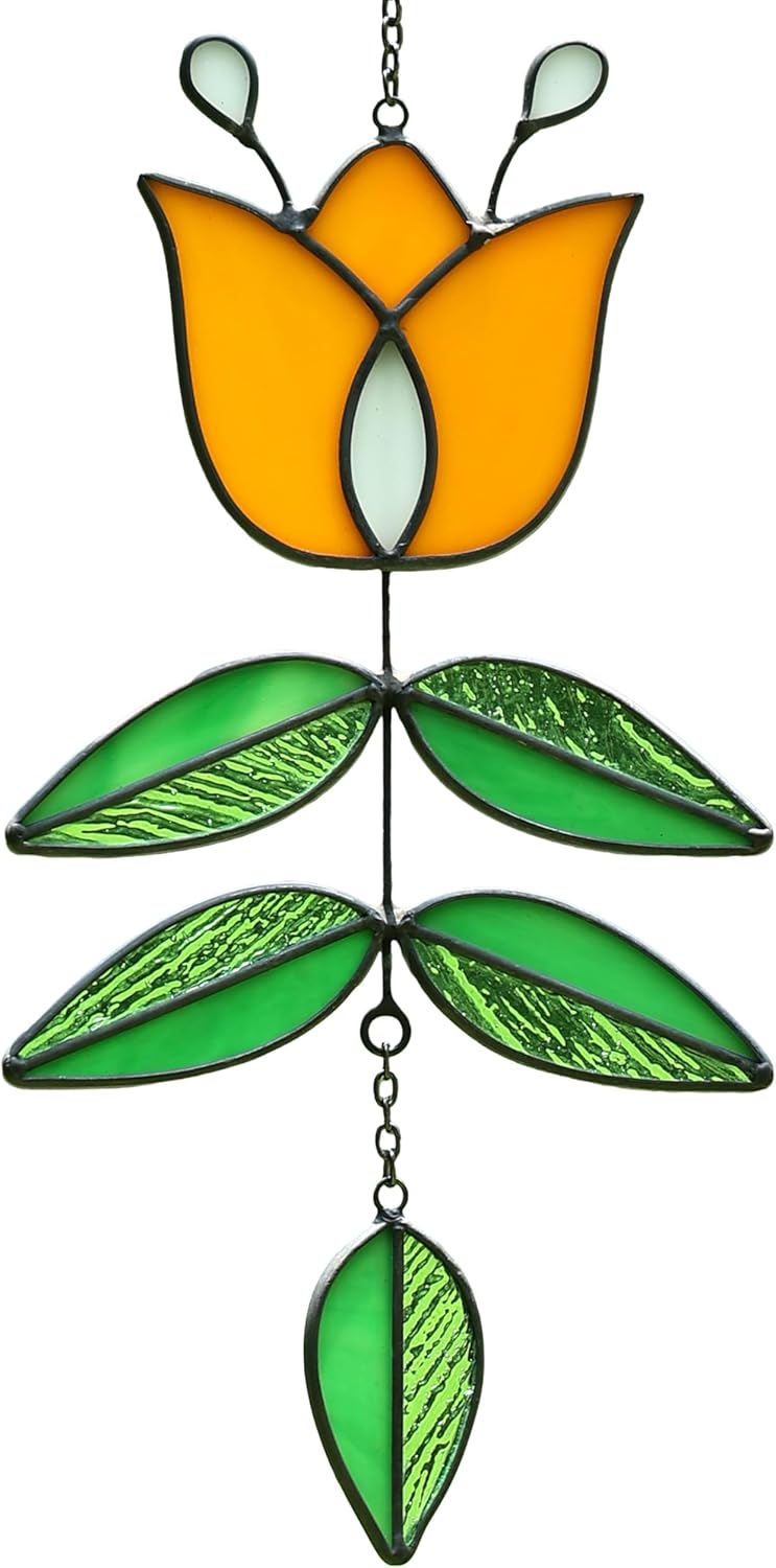 Tulip Stained Glass Suncatcher, Folk Flower Stained Glass Window Hanging Sun Catcher, Retro Home Decor, Handmade Gift for Plant Lovers, 9.4" x 4.7"