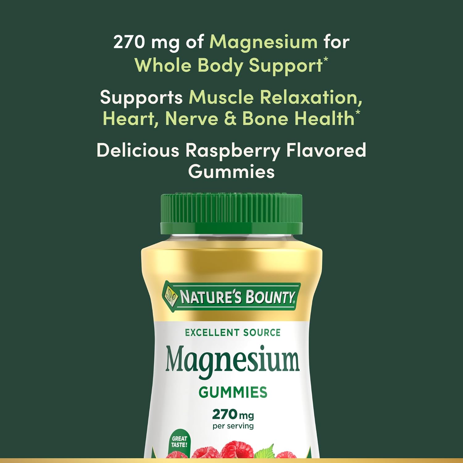 Nature's Bounty Magnesium Citrate Gummies for Adults,Supports General Health,Bone,Nerve,Muscle & Heart Health Support,270mg per Serving,Vegan,Non-GMO - Raspberry,90 Count (Pack of 3)