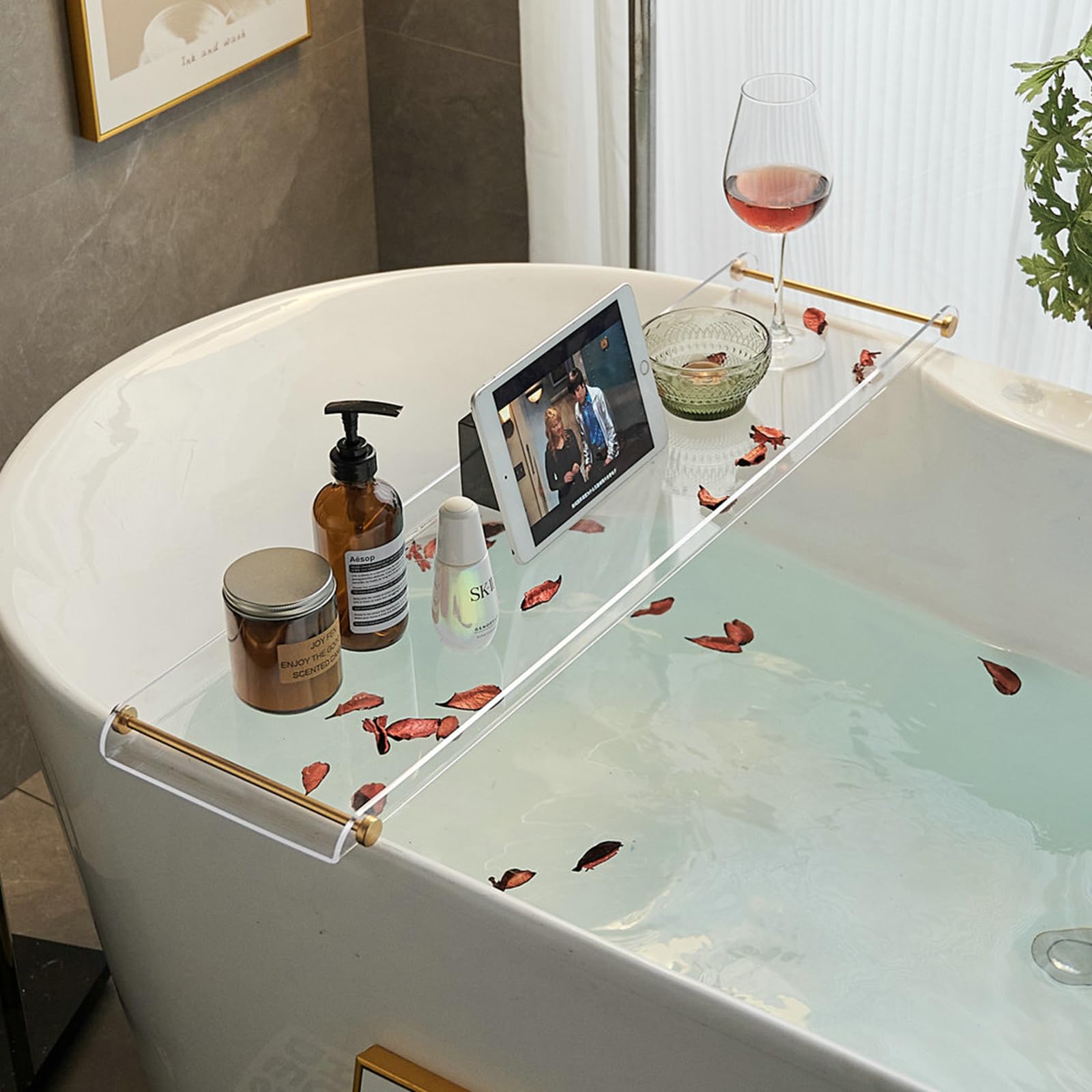 View 1 of [DAMAGED] Bathtub Tray Clear Caddy Rack Acrylic Tub Tray Shelf with Gold Rails 31.5 inches Bathroom Accessories Rack Suitable for All Bathtubs.