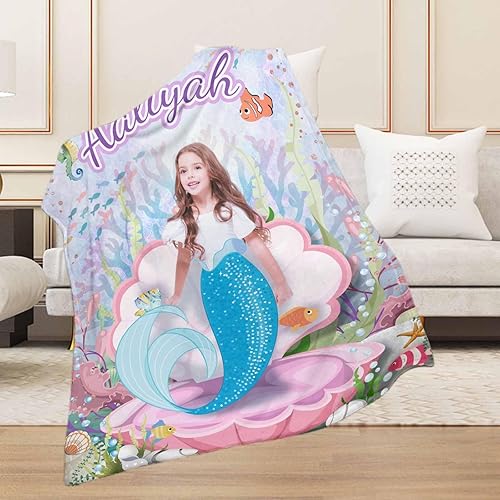 Miniatura 5 de Artsadd Manta de sirena con foto de nombre, regalos personalizados de sirena para niñas, manta de sirena personalizada, regalos para niños y niñas,