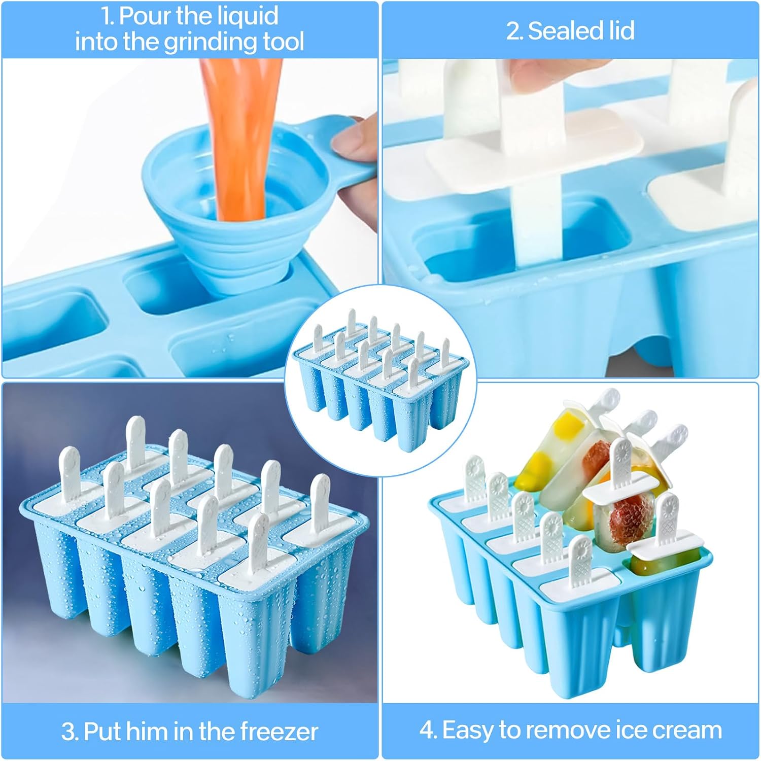 Summer Popsicle Molds, Material Silicone Mold,Non BPA, Reusable Popsicles Molds,10 Reusable Silicone Popsicle Sticks, Easy Use