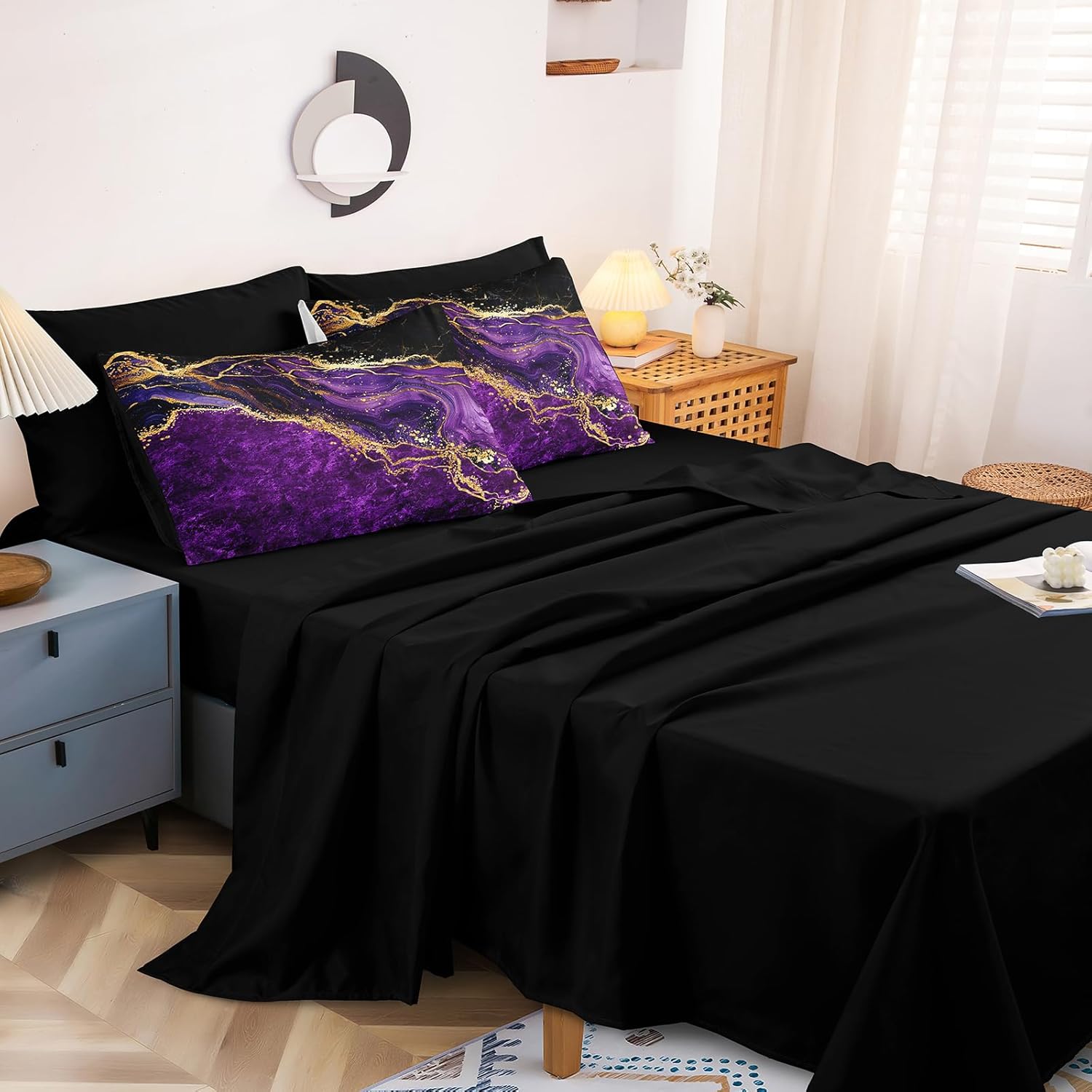 Gold Comforter Set 8 Pcs Purple Bedding Set Queen Size Bed in A Bag Purple and Black Marble Stone Texture Abstract Room Decor - Image 4