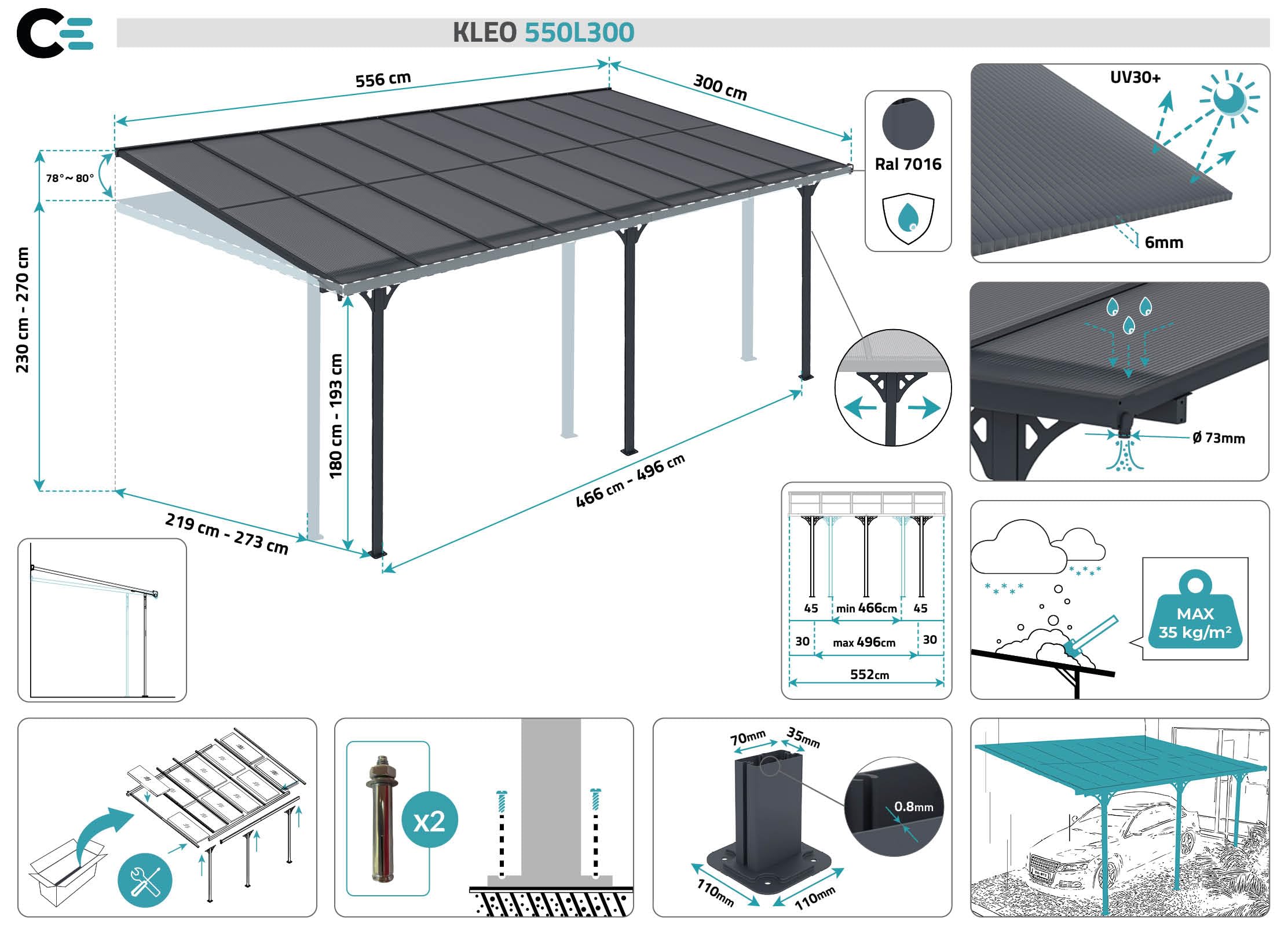 KLEO Carport Pergola Addossata 5,5x3m Alluminio Grigio 16,5m²