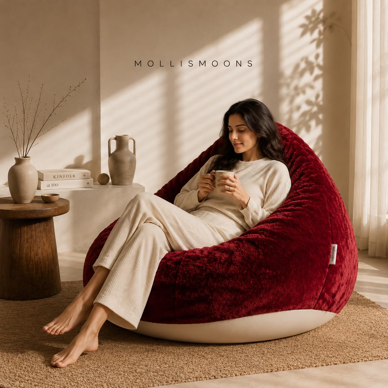 Mollismoons Limited Edition Luxury Faux Fur Bean Bag XXXXL 50 Inch Single Seater, Super Soft with Durable Matte Base, Bean Bag Chair Cover Without Beans (Cherry Maroon Dark)-image-25