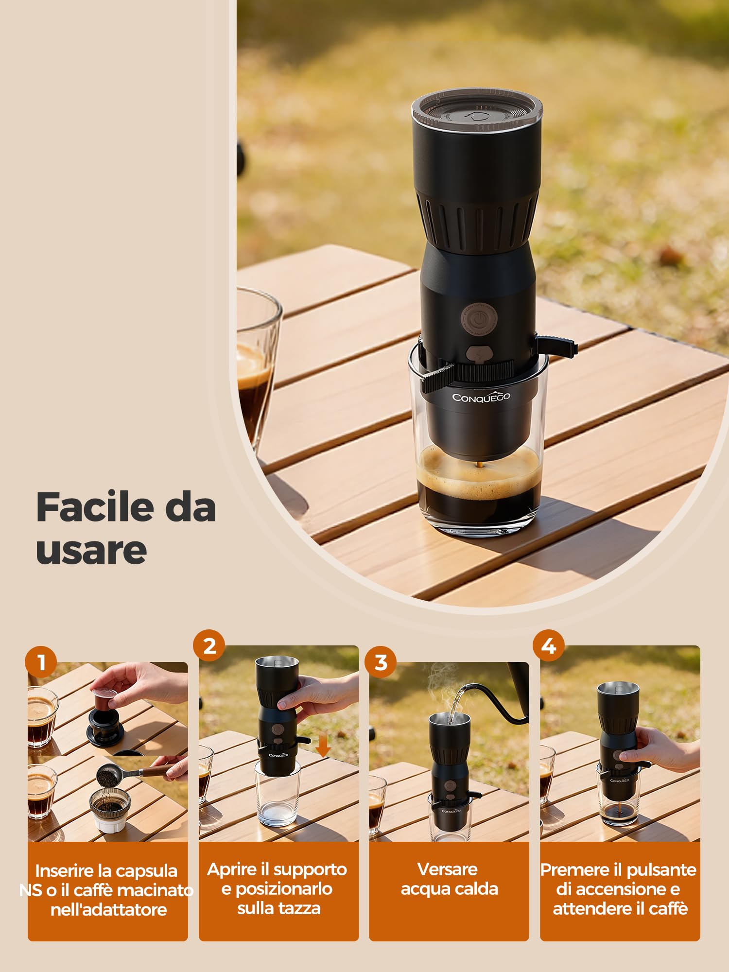 CONQUECO Macchina Caffè Portatile 2in1, 455g Ultraleggera Non Riscalda l’Acqua (Richiede Acqua Calda), Serbatoio 160ml, Cialde NS e Macinato, USB-C 250 Tazzine, 30s Estrazione, Per Campeggio e Viaggio