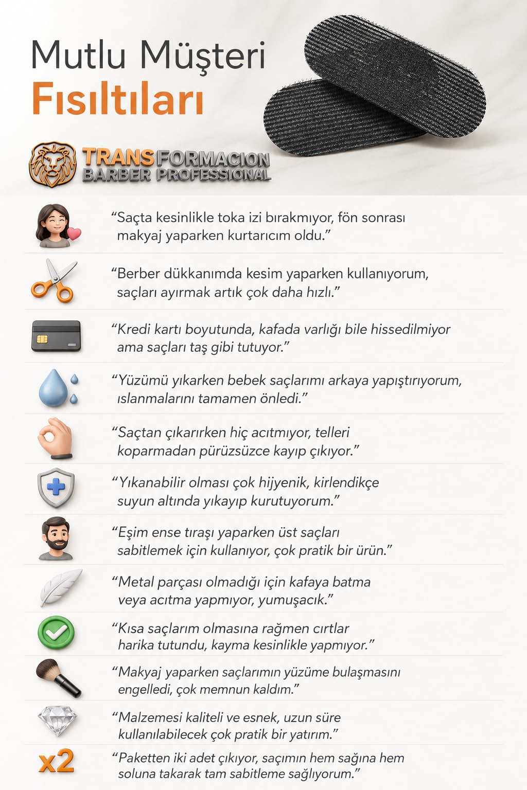 Transformacion Saç Tutucu Ayırıcı Cırt Bant Berber Saç Bantı 2 Adet Pratik Saç Aksesuarı, Standart, 7430001717293, Siyah