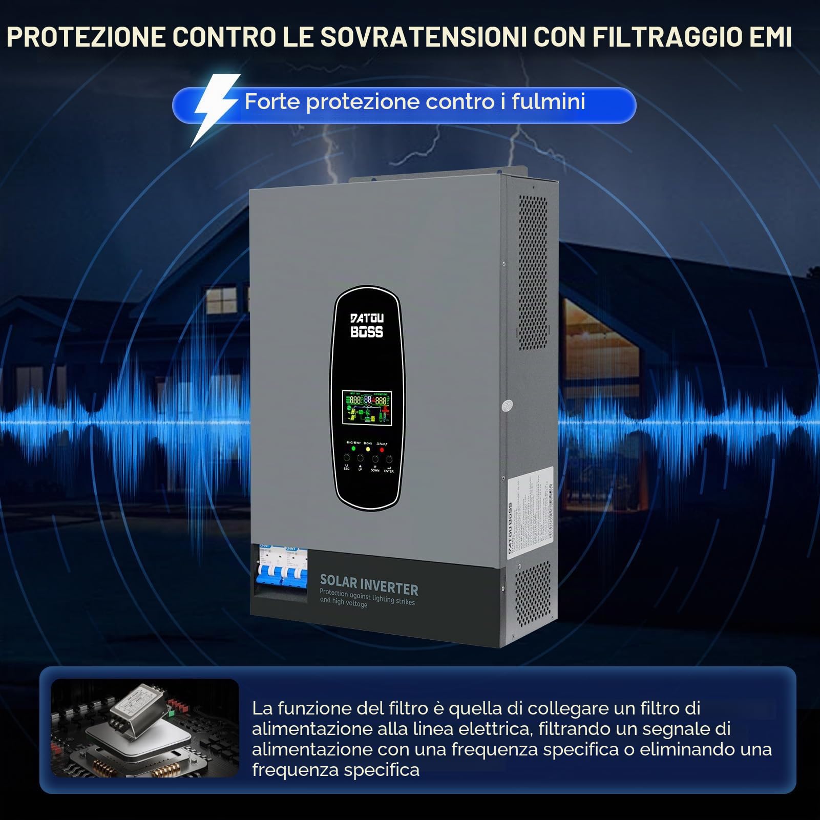 DATOUBOSS Inverter solare ibrido da 6200 W, 48 VDC a 230 V, inverter sinusoidale puro con 120 A, ingresso fotovoltaico da 8500 W, supporta il sistema di protezione BMS, per batterie al litio da 48 V.