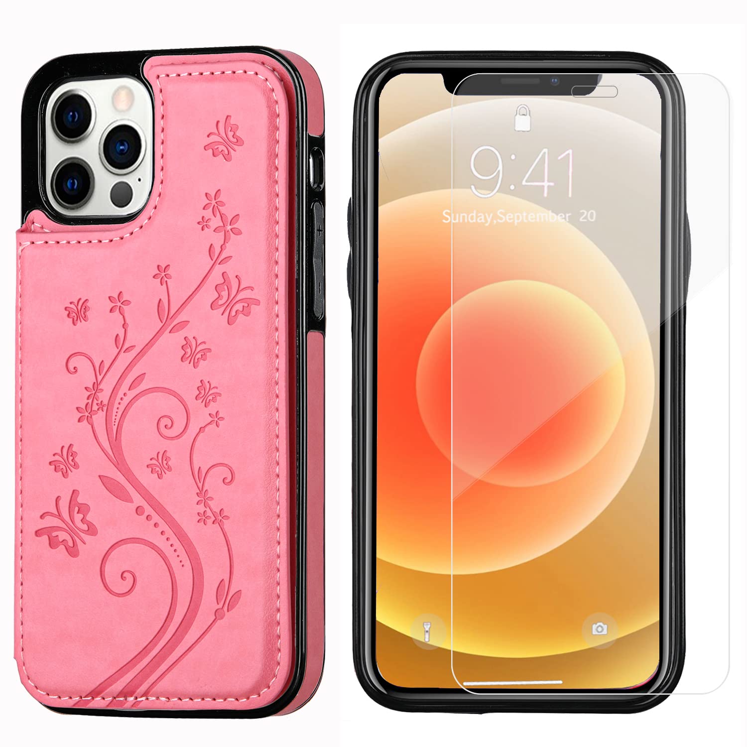 Étui portefeuille pour iPhone 12 Pro/12, étui de protection fin avec porte-cartes et motif papillon en relief, béquille en cuir synthétique de qualité supérieure, avec verre de protection