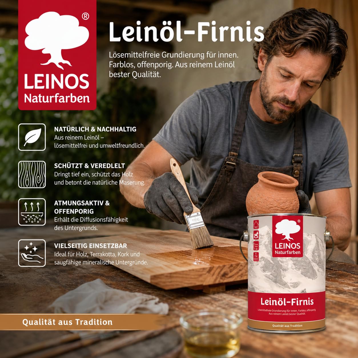 Leinöl-Firnis – Biologischer Holzschutz, farblos, innen & außen, 2,5 L | Holzschutz für Möbel, Türen & Zäune | natürlicher Firnis, Holzpflegeöl für den Außenbereich | wetterfest, lösemittelfrei