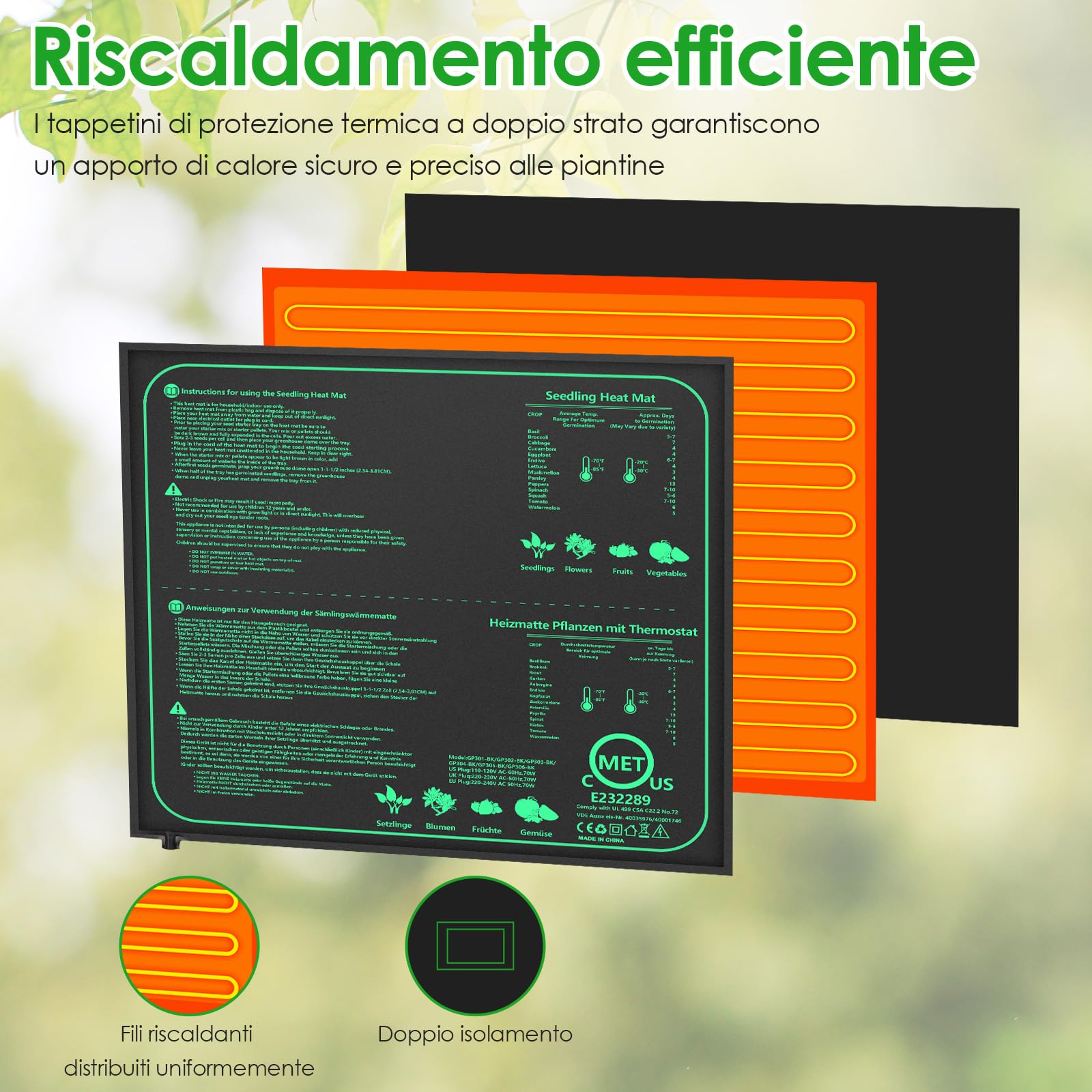 Tappeto Riscaldante 70W con Termostato, 52×50cm Tappetino Riscaldante IPX4 Impermeabile, Filo in Silicone e Cotone Punzonato, Temperatura Regolabile 20-45℃ per Semi, Piante e Rettili