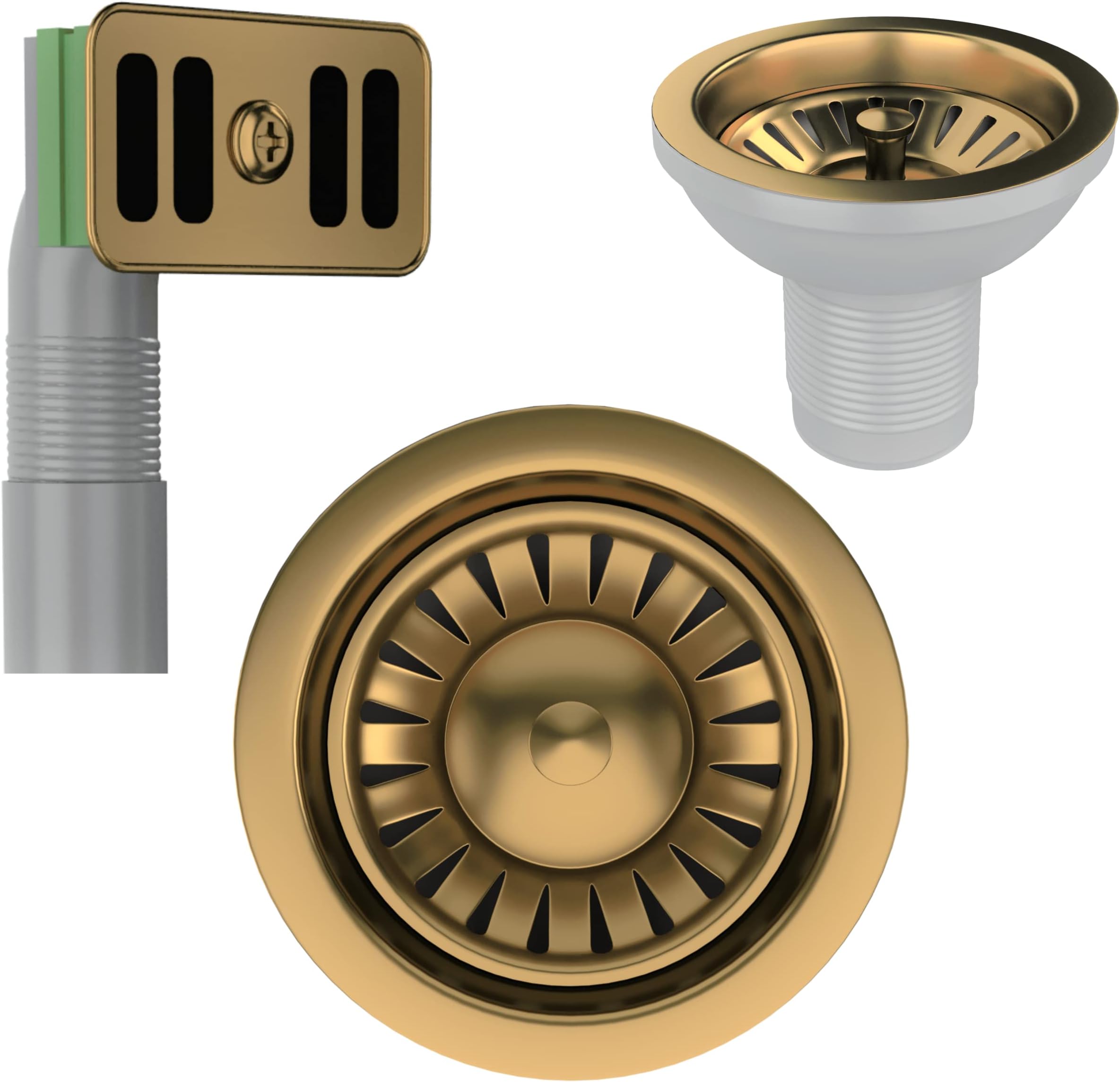 Kitchen Sink Waste Kit, 90mm Sink Waste Strainer with Overflow Pipes and Round Drain Cover (Satin Gold) (with Overflow)