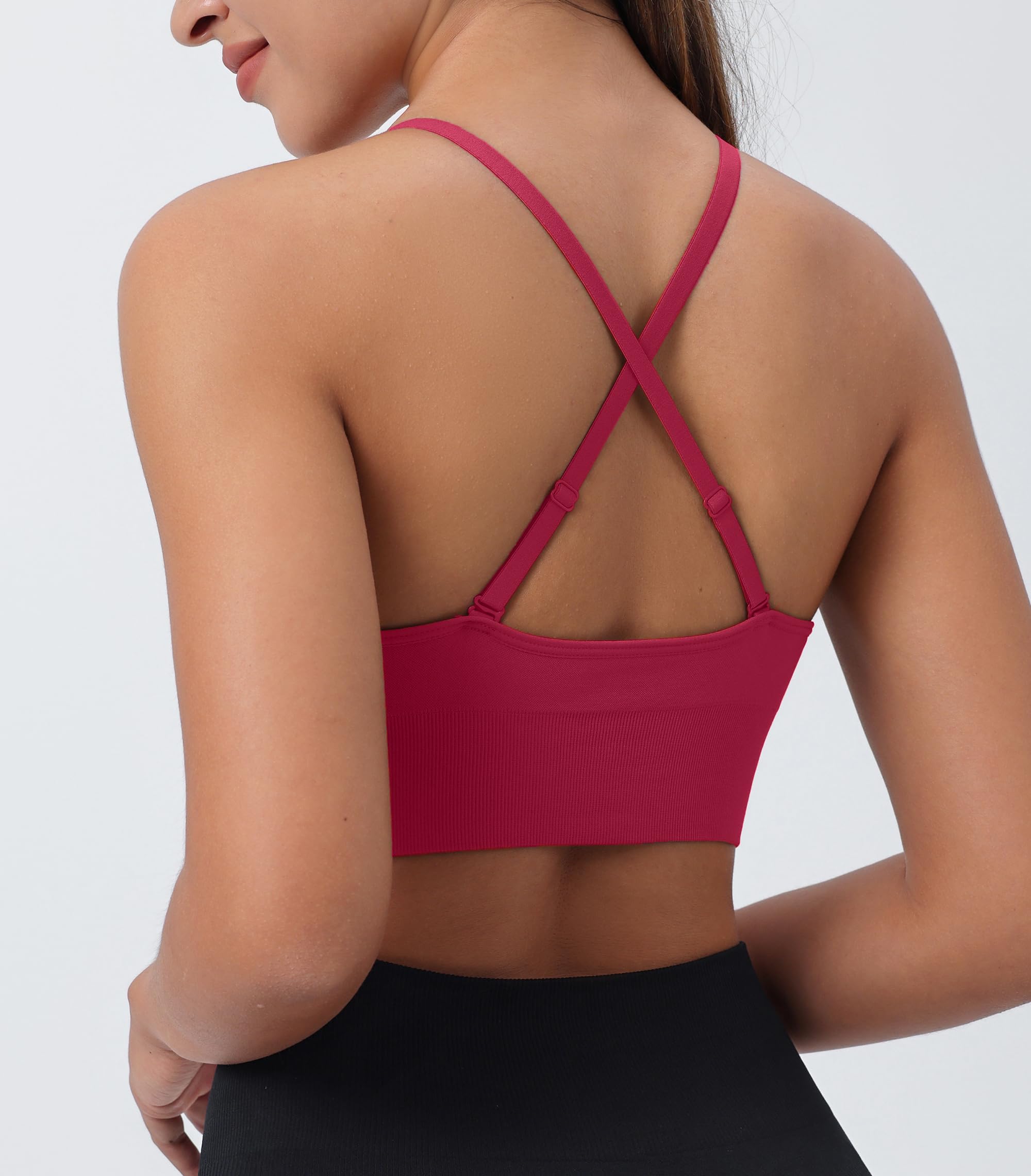 Reggiseno sportivo da donna con scollo a V profondo, coppe imbottite incrociate regolabili, spalline sottili per allenamento, yoga