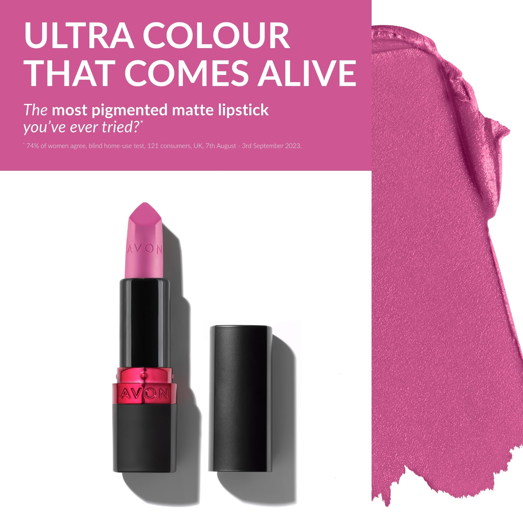 Avon Ultra Matte Lipstick Electric Pink with Vitamin E, Avocado Oil and Sesame Oil for Comfortable Coverage that Won't Cake - Image 2