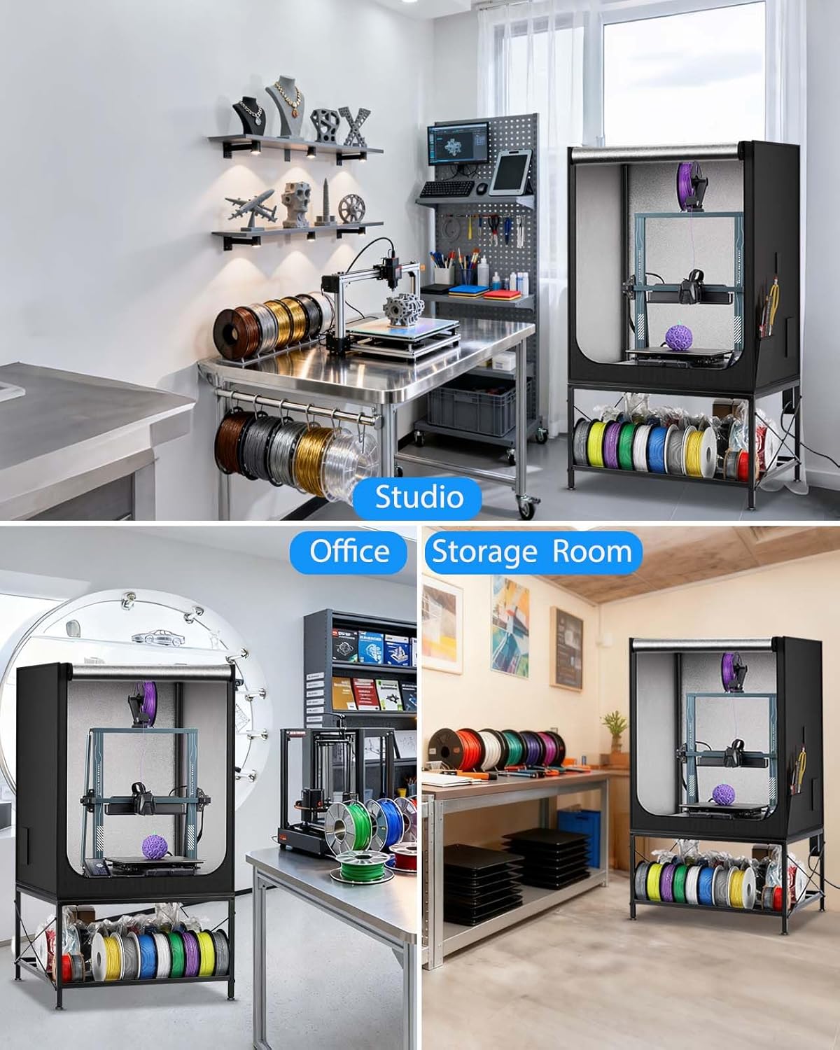 3D Printer Table with Enclosure - Heavy Duty 3D Printing Workstation with 2-Tier Filament Storage Rack, Waterproof & Constant Temperature Cover with LED Light Fits Most FDM Printers