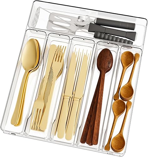 Vista 7 de Organizador de cubiertos para cajones de cocina, organizador de cajones de cubiertos sin BPA, organizador de utensilios de plástico con 6 ranuras