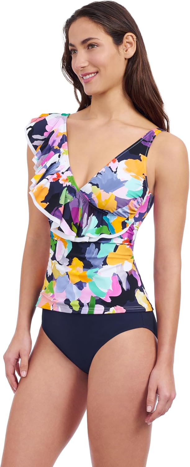 Profile by Gottex Holi Abstract Floral Print Women’s Ruffle Surplice Tankini Bathing Suit Top with Soft Cups