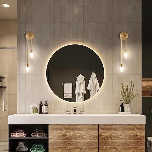 Miniatura 6 de Aplique de pared LED dorado con 2 lámparas de pared para interiores de mediados de siglo, lámpara de tocador con pantalla de vidrio para dormitorio,