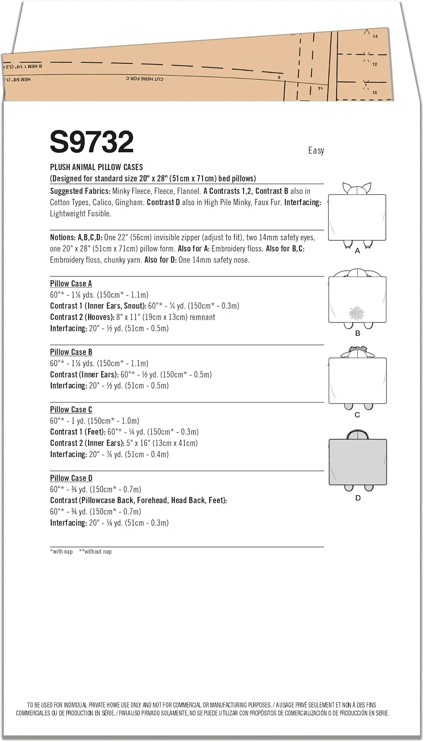 Simplicity SS9732OS Cuddly Plush Animal Pillow Cases Sewing Pattern Kit, Code S9732, for Standard Pillow Sizes