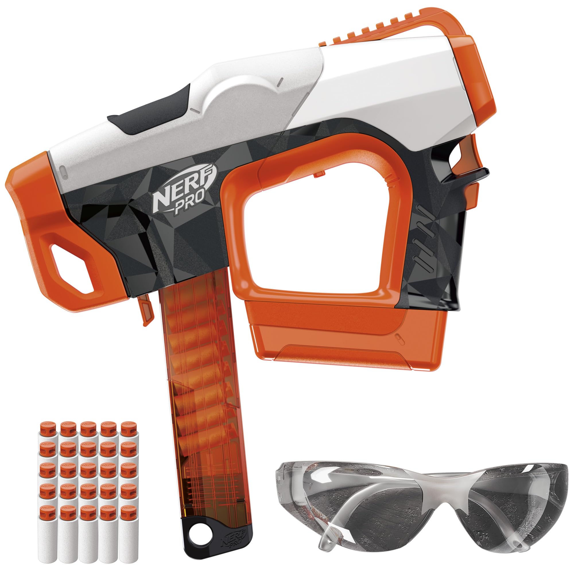 Nerf Pro Sender Blaster Semiautomatico – 150 FPS, 30 Freccette Mezza Lunghezza, Caricatore 15 Colpi, Occhiali Inclusi