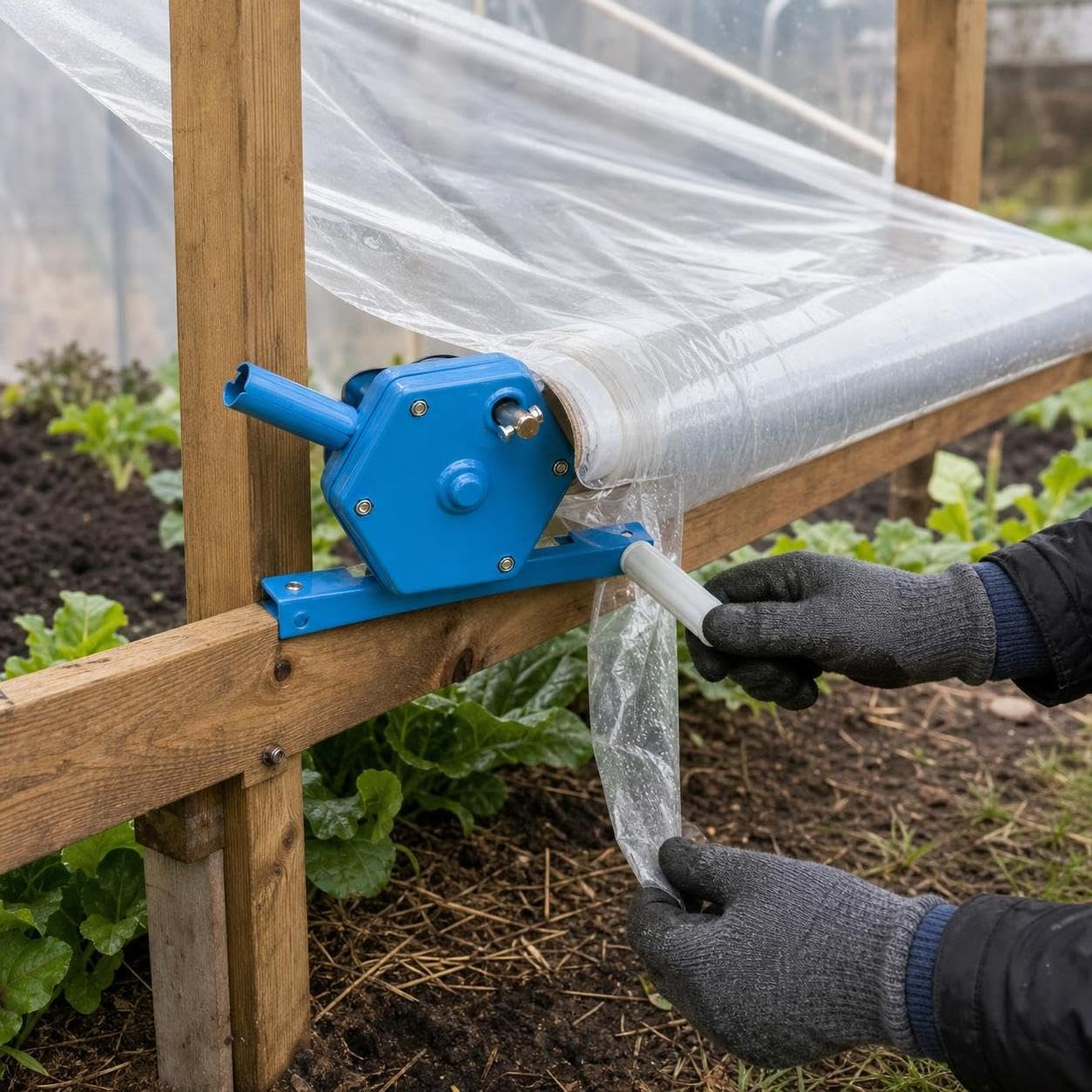 Avvolgitore per Copertura Serra, Meccanismo Laterale Robusto con Ingranaggio in Acciaio per Pellicola Serra, per giardino, Avvolgitore laterale color oro (avvolge fino a 100 metri)